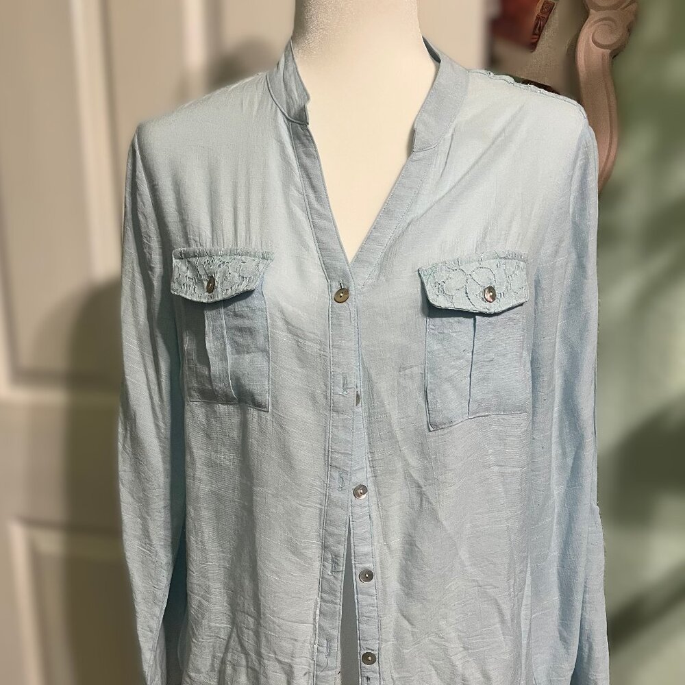 My Collection Button Up Blouse, Blue, Size M